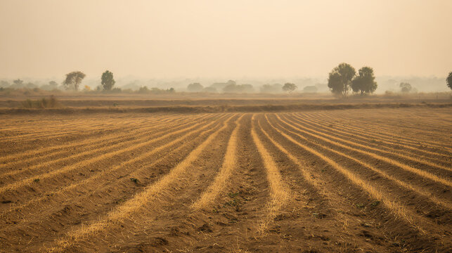 A tranquil farmland landscape featuring rows of freshly plowed earth under soft morning light.