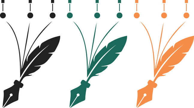 Feather quill pen icon vector set with writing line in black green and orange