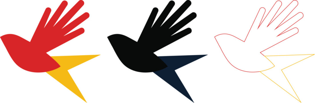 Hand shaped bird silhouette icon vector set in red black and outline style
