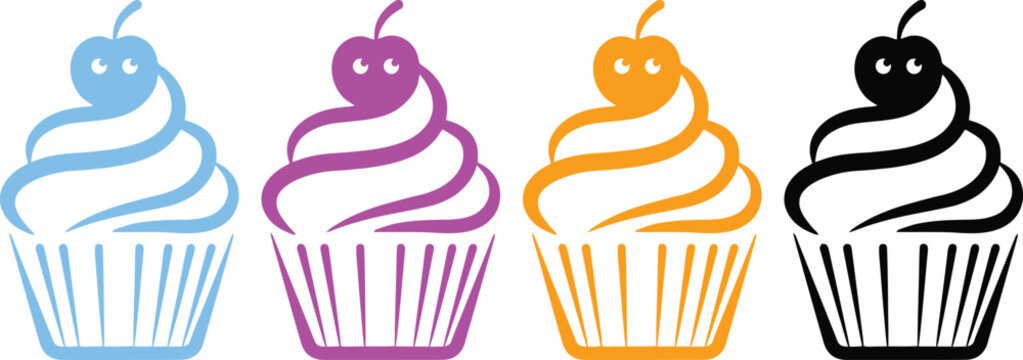 Cupcake icon vector set in blue purple orange and black color variations