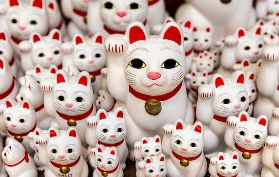 Numerous maneki neko cats beckoning good fortune