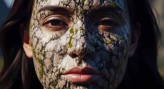 Woman's face with cracked dry earth texture makeup.