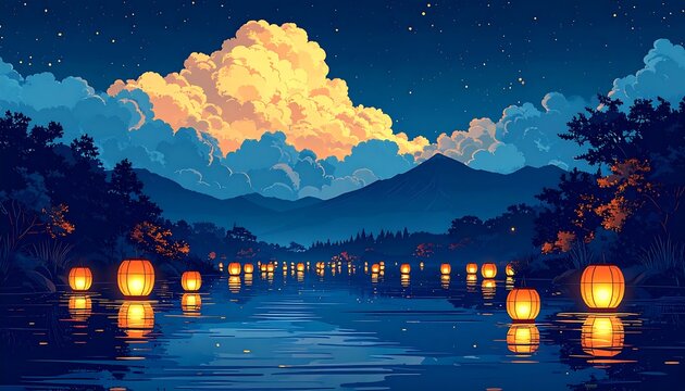 Magical anime illustration of floating paper lanterns on a calm lake with mountains and starry night sky