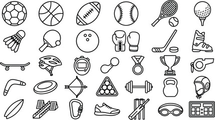 Sports Equipment and Fitness Activity Outline Icon Set Featuring Ball Games Athletic Gear Championship Trophies and Tournament Training Thin Line Symbols © Sultana