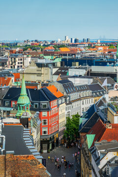 City view from the observation platform of The Round Tower (Rundetaarn) with K&oslash;bmagergade  street  in Copenhagen, Denmark
