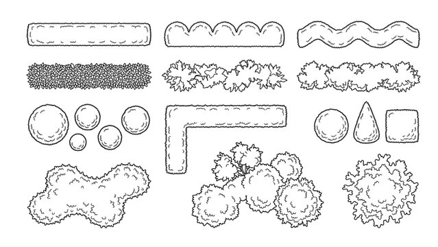 CAD Drawings. Set tree and shrub outlines isolated on white and transparent background. Plan view bushes, hedges, and plants. Top view. Vector illustration.