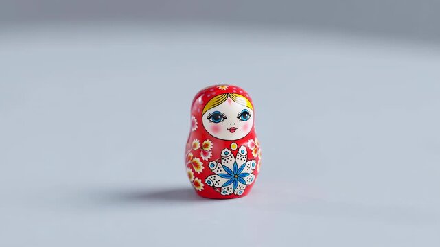 Red matryoshka doll standing upright on pale gray surface with front-facing floral design and glossy lacquer finish in soft studio lighting, centered in minimalist composition