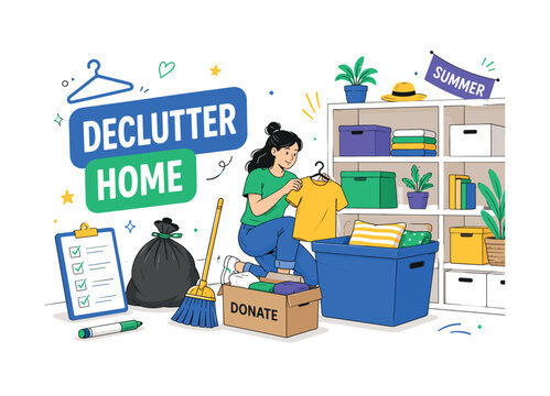 Home Declutter Summer. Home declutter summer banner with 1 main scene: person organizing a closet and donation box beside oversized storage box and large labeled shelf reaching all canvas edges, with