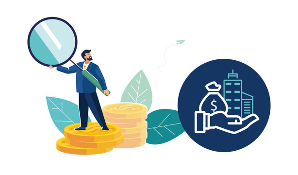 Businessman with magnifying glass analyzes dollar cents income, investor gold coins. Business finance, people. Economic growth from stock market or investment. Flat design, poster. Vector illustration