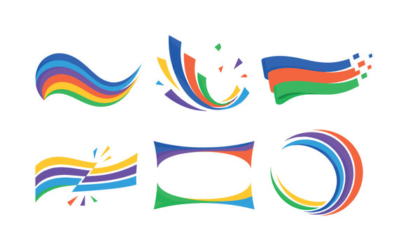 Sport Rainbow Wave, bright flat vector icon set, create 6 colorful isolated object icons in a 3x2 layout showing rainbow wave ribbon, athletic celebration curve, competition banner stripe,