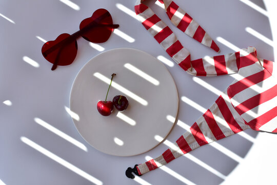 Red and white stylish summer pool party concept 