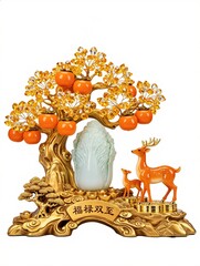 Fototapeta premium Luxury oriental prosperity sculpture features an elegant golden fortune tree with amber crystal leaves, orange persimmons jade cabbage golden deer standing on polished gold coins white background