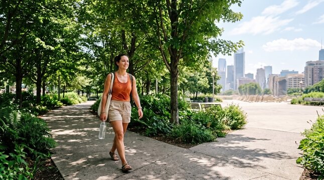 Urban lifestyle and wellness concept, a happy woman walking along a scenic park path with a city skyline in the background on a sunny day.