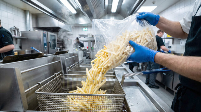 Line cook pouring frozen potato french fries from plastic bag into hot commercial deep fryer