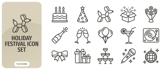 Fototapeta premium Holiday festival icon set, party celebration elements, birthday and event symbols, vector line art collection