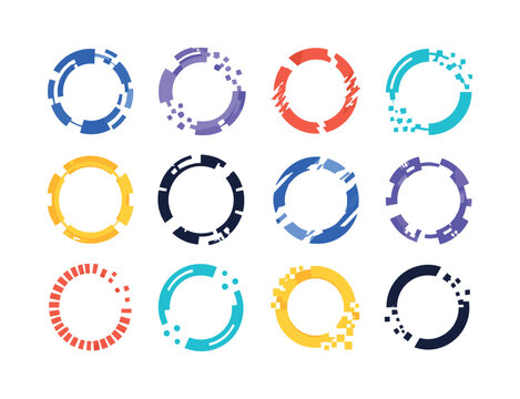 Digital Broken Rings, bright flat vector icon set, create 12 colorful isolated object icons of broken circle frames, digital ring effects, pixel halos, futuristic round frames, game interface circles,