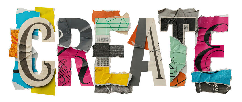 Create Word Spelled With Colorful Torn Paper Scraps Arranged in a Decorative Collage Style on a Plain White Background for Creative Design Projects