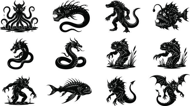 Swamp monster silhouette elements bundle with spooky creature silhouettes creepy dark folklore beasts vector clip art sh