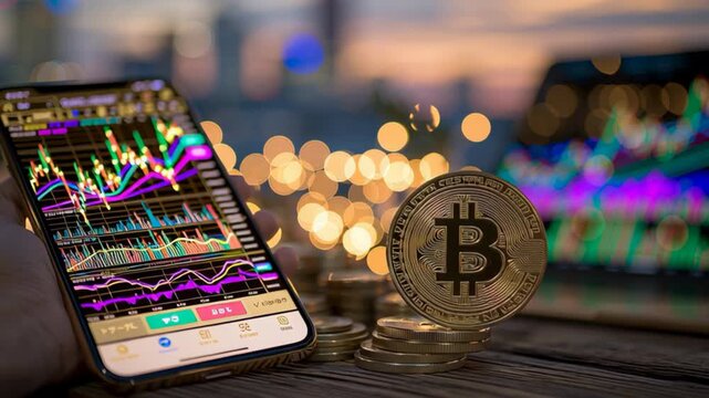 Close-up of a smartphone displaying cryptocurrency trading charts beside a physical Bitcoin coin, highlighting digital assets, blockchain technology, financial investment, and volatile crypto markets 