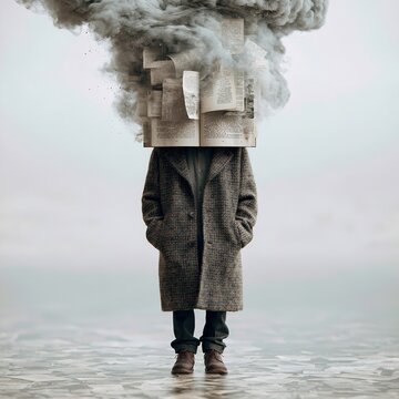 Person with book head exploding knowledge and smoke
