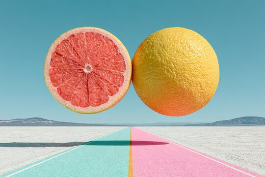 Surreal floating citrus fruit over pastel desert road