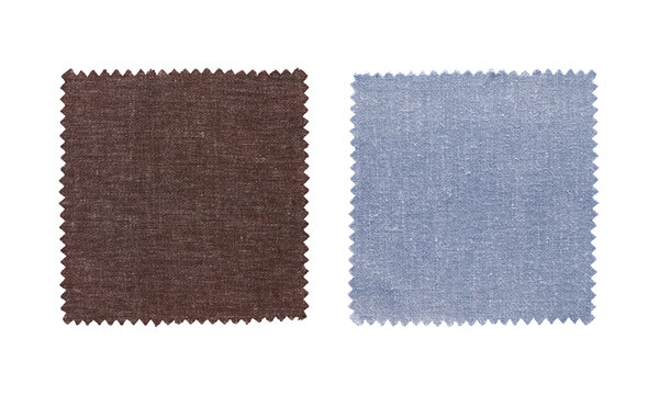 Brown and blue textile fabric swatches with zig zag edges, linen material samples PNG