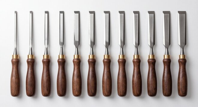 A professional set of twelve wood carving chisels with dark wooden handles arranged in a neat row.