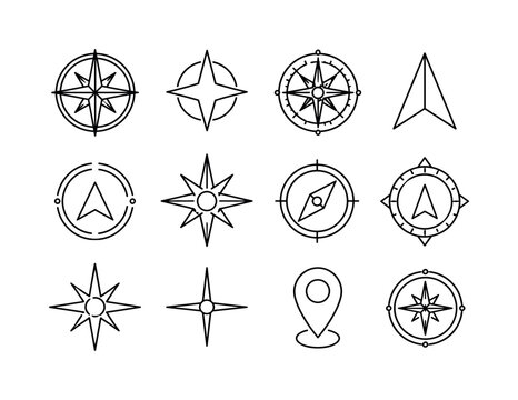 Compass Rose Symbols, line icon set of 12 clean outline icons: compass rose, north marker, nautical compass, map orientation arrow, route pointer, explorer emblem, cartography marker, travel guide