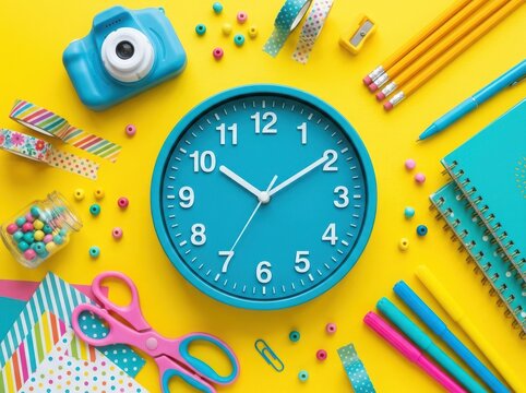 Blue wall clock surrounded by school supplies and colorful stationery items on a bright yellow background for back to school isolated on white background