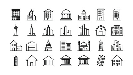 black and white line icons of various buildings and structures © RANUKA  BAIRAGI