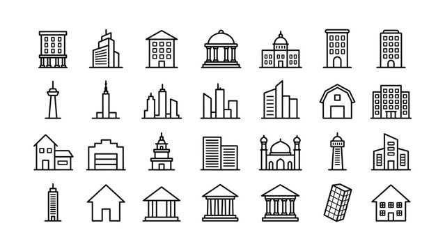 black and white line icons of various buildings and structures