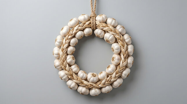 Hanging Garlic Wreath on Gray Wall