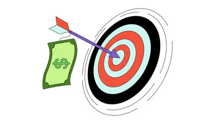 Arrow hitting the center of a red target next to a green dollar bill representing financial goals © Dilshad