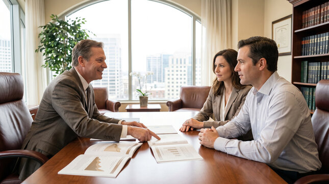 Financial advisor explains investment options to a professional couple during a wealth planning meeting with printed charts in a luxury office, building trust through expert financial guidance today.