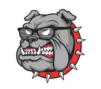 Cool bulldog wearing sunglasses, spiked collar, tough and trendy mascot for sports or brands