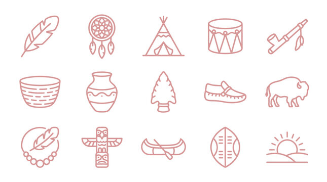 Collection of Native American cultural icons and symbols in a simple line art style.