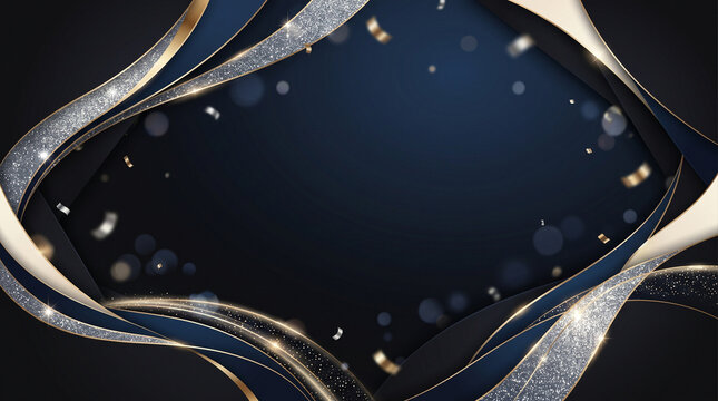 Luxury celebration background with gold silver glitter wave confetti frame copy space template