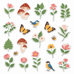 Cute nature stickers with flowers mushrooms birds and butterflies in cottagecore style © bima