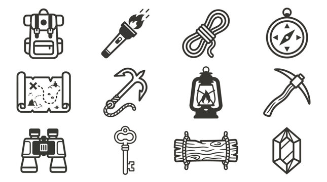 Create 12 modern flat vector adventure accessory icons. Include: backpack, torch, rope, compass, treasure map, grappling hook, lantern, pickaxe, binoculars, golden key, wooden bridge plank, crystal 