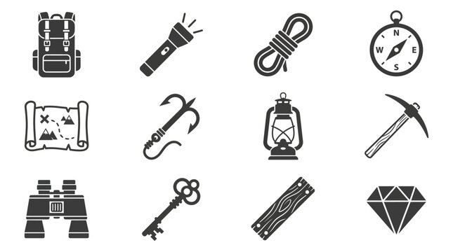 Create 12 modern flat vector adventure accessory icons. Include: backpack, torch, rope, compass, treasure map, grappling hook, lantern, pickaxe, binoculars, golden key, wooden bridge plank, crystal 