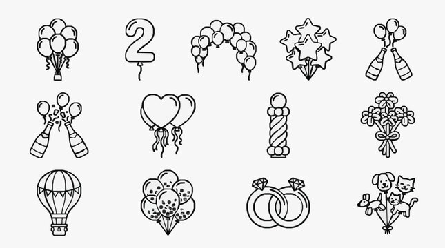 Elegant Black and White Line Art Celebration Icons Featuring Balloons Champagne Hearts Animals and More