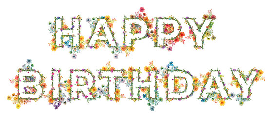 Życzenia urodzinowe z kolorowych polnych kwiatów i ziół układających się w kształ napisu: Happy Birthday © Blue Pixel