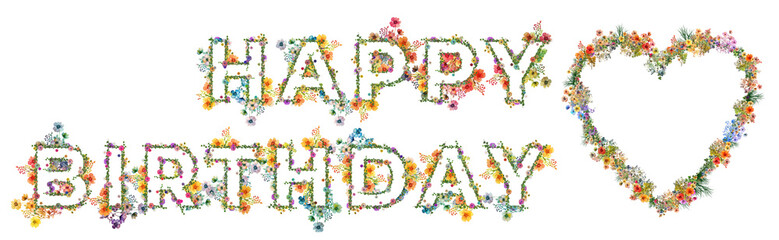 Życzenia urodzinowe z kolorowych polnych kwiatów i ziół układających się w kształ napisu: Happy Birthday © Blue Pixel