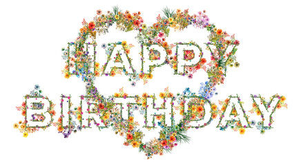 Życzenia urodzinowe z kolorowych polnych kwiatów i ziół układających się w kształ napisu: Happy Birthday © Blue Pixel
