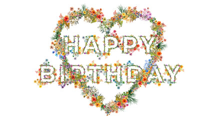 Życzenia urodzinowe z kolorowych polnych kwiatów i ziół układających się w kształ napisu: Happy Birthday © Blue Pixel