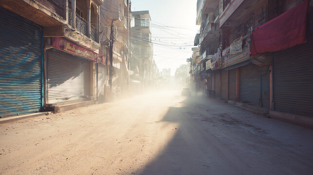 Dusty, deserted street scene showcasing empty buildings and a hazy atmosphere, evoking a sense of stillness and isolation.