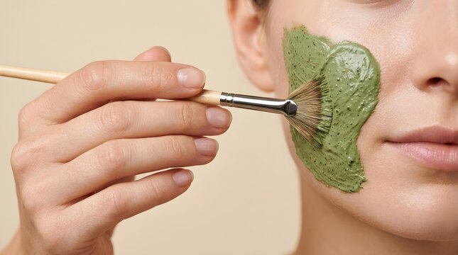 Close up shot of a hand using a fan brush to apply a thick textured green herbal cream mask onto a cheek face.