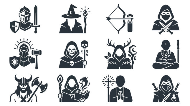 Create 12 modern flat vector game character icons for a fantasy RPG world. Include: knight, wizard, archer, rogue, paladin, necromancer, druid, monk, berserker, summoner, priest, assassin.