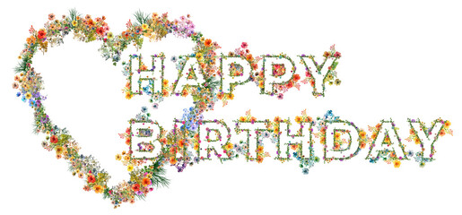 Życzenia urodzinowe z kolorowych polnych kwiatów i ziół układających się w kształ napisu: Happy Birthday © Blue Pixel