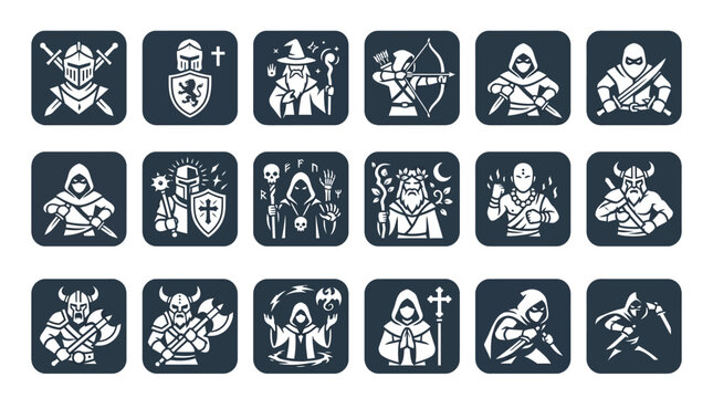 Create 12 modern flat vector game character icons for a fantasy RPG world. Include: knight, wizard, archer, rogue, paladin, necromancer, druid, monk, berserker, summoner, priest, assassin.